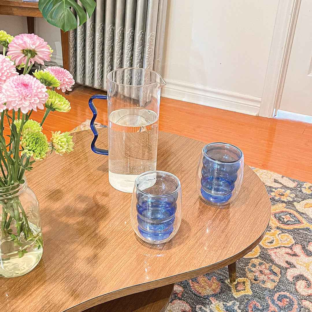WAVY BLUE DOUBLE WALL GLASS PITCHER SET