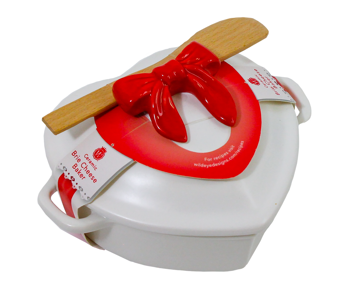 Figural White Heart Brie Baker with Red Bow Handle