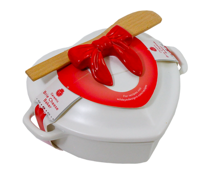 Figural White Heart Brie Baker with Red Bow Handle
