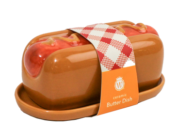 FIGURAL HOT DOG CERAMIC BUTTER DISH