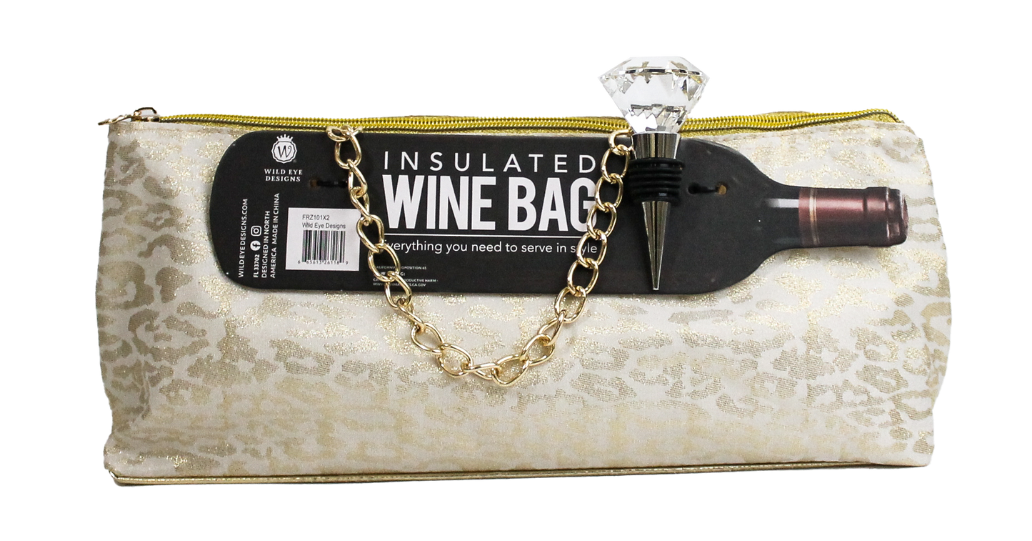 White & Gold Leopard Insulated Wine Bag & Diamond Stopper