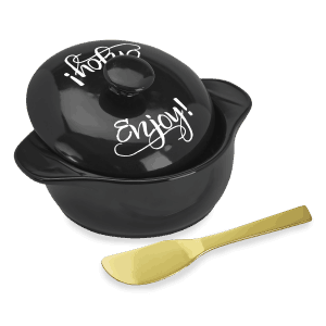 Black Ceramic Brie Baker Dish with Gold Spreader by Wild Eye Designs