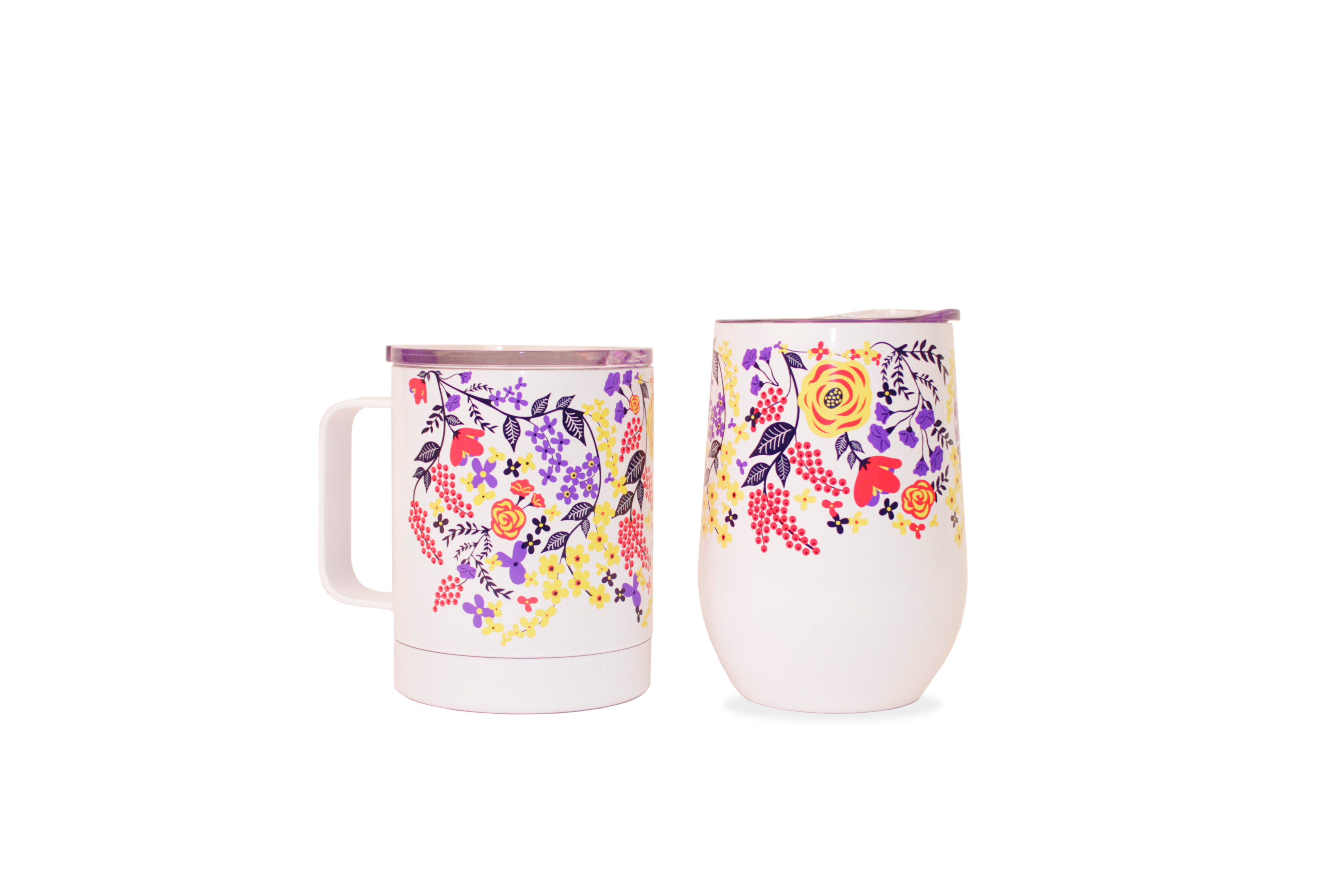 Double Wall Vacuum Insulated Stainless Steel Travel Mug and Wine Tumbler Set  14 fl. oz White Floral