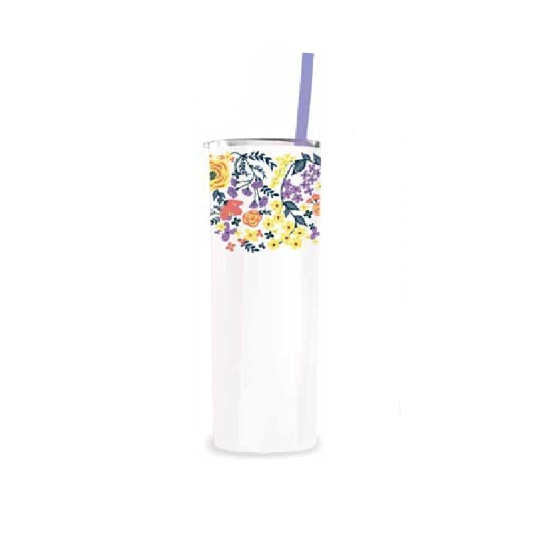 Double Wall Vacuum Insulated Stainless Steel Slim Tumbler with Straw 20 fl.  oz, White Floral