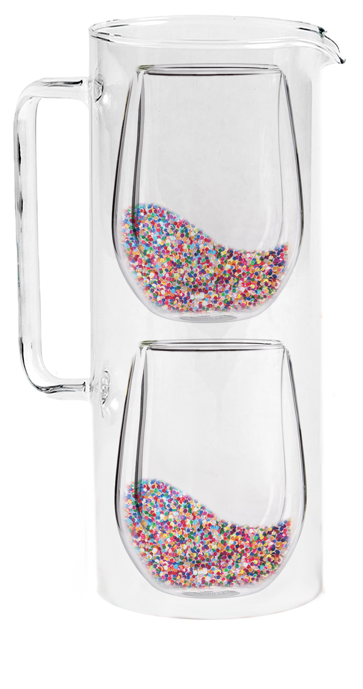 DOUBLE WALL GLASS PITCHER SET, PATTERN, CLEAR WITH GLITTER